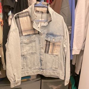 Brush Check Panel Oversized Denim Jacket